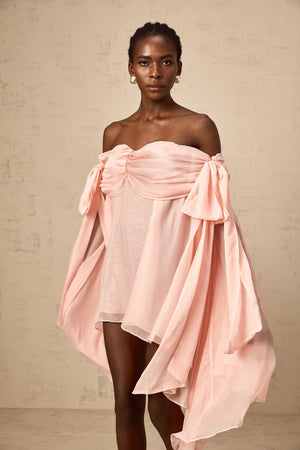 Aurohaya Avril pink bow draped slip mini dress
