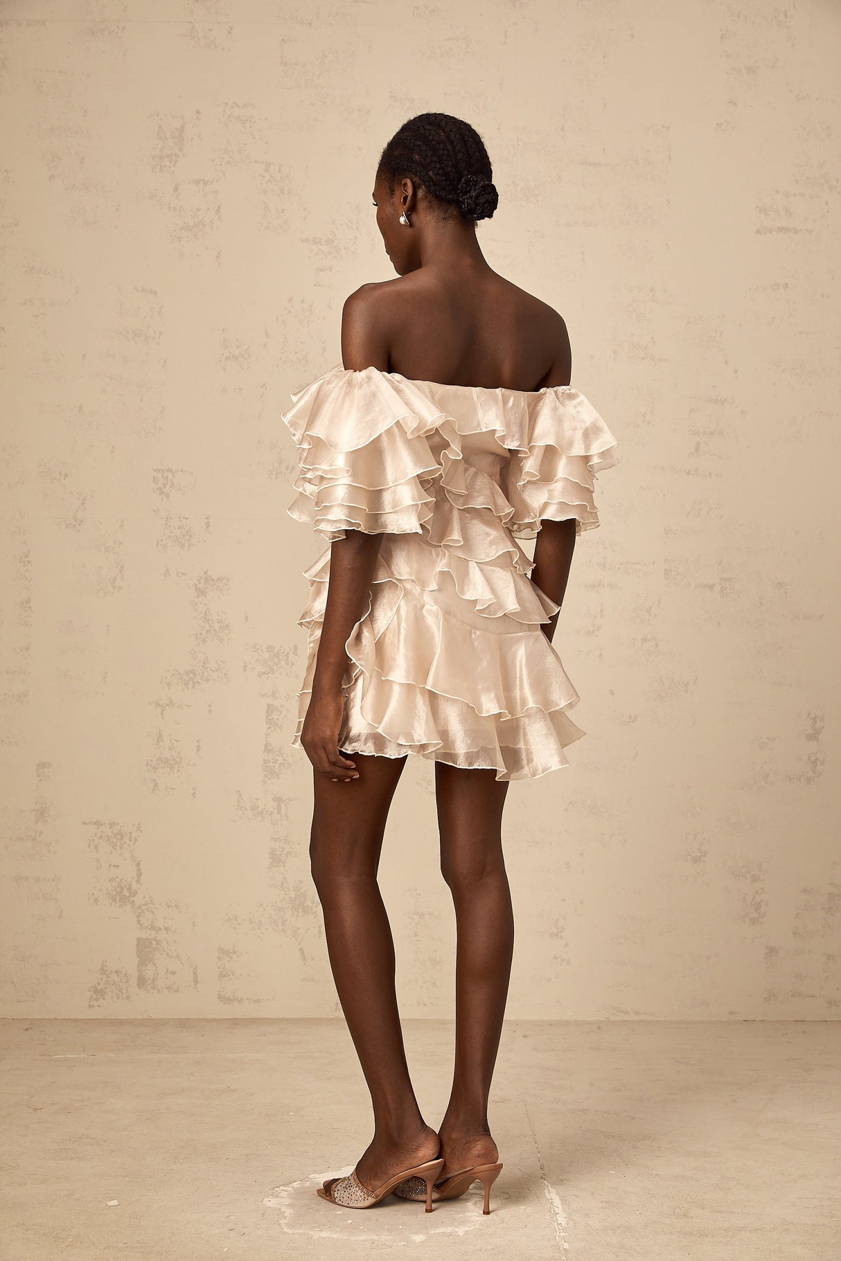 Aurohaya Cerise asymmetrical flounce mini dress in Neutrals