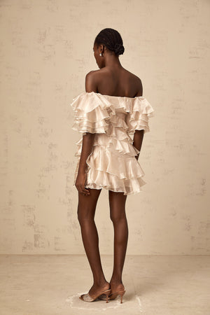 Aurohaya Cerise asymmetrical flounce mini dress in Neutrals