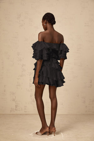 Aurohaya Cerise asymmetrical flounce mini dress in Black