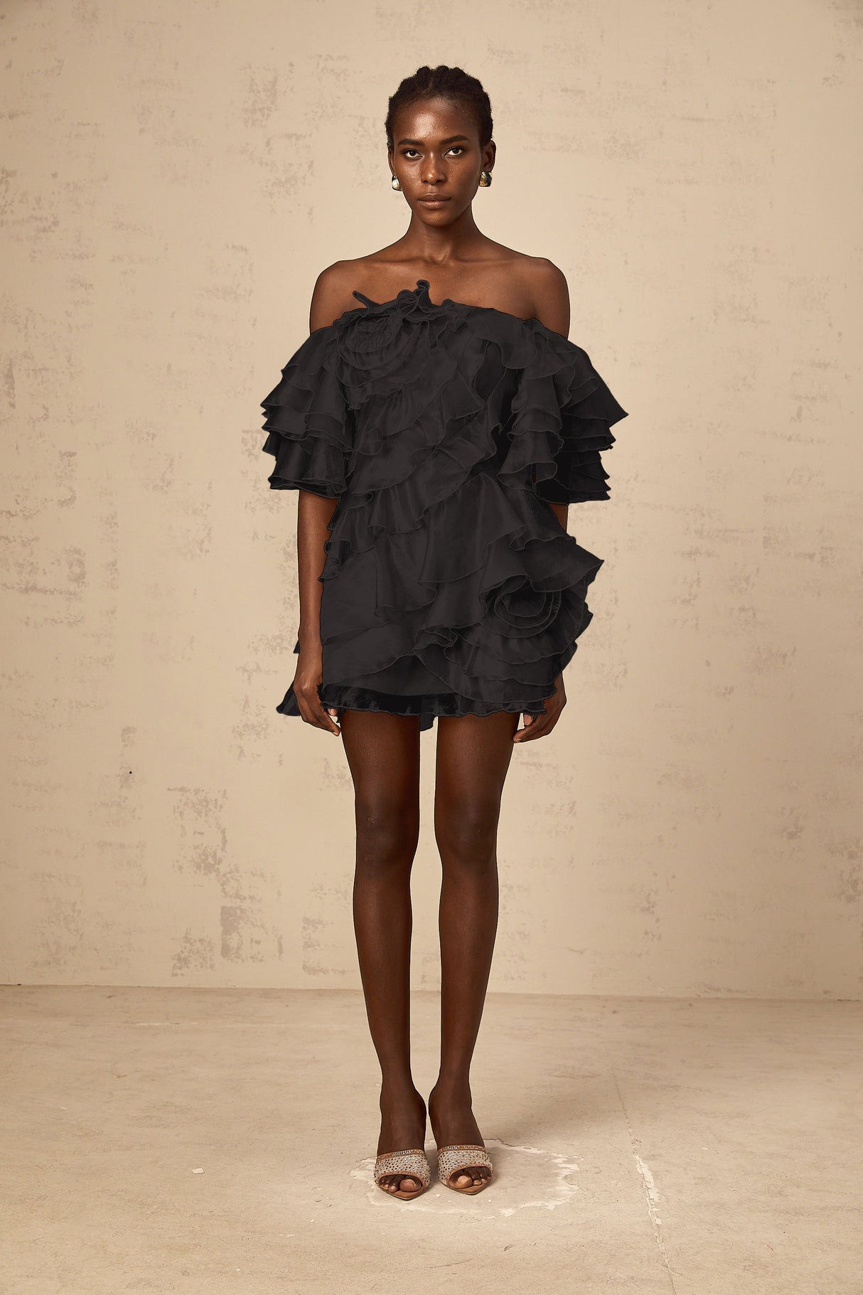 Aurohaya Cerise asymmetrical flounce mini dress in Black