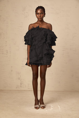 Aurohaya Cerise asymmetrical flounce mini dress in Black