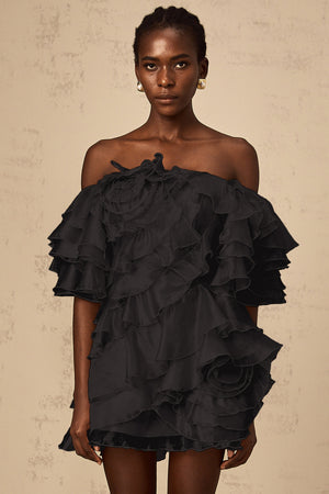 Aurohaya Cerise asymmetrical flounce mini dress in Black