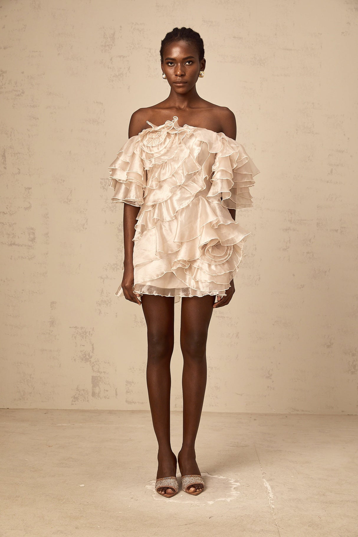 Aurohaya Cerise asymmetrical flounce mini dress in Neutrals