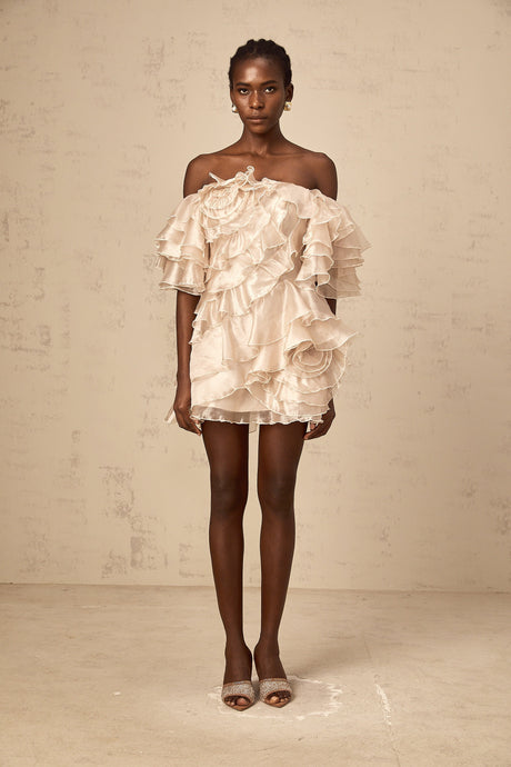 Aurohaya Cerise asymmetrical flounce mini dress in Neutrals