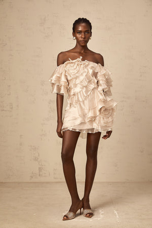 Aurohaya Cerise asymmetrical flounce mini dress in Neutrals
