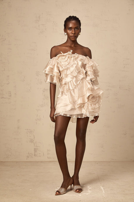 Aurohaya Cerise asymmetrical flounce mini dress in Neutrals
