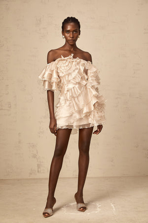 Aurohaya Cerise asymmetrical flounce mini dress in Neutrals
