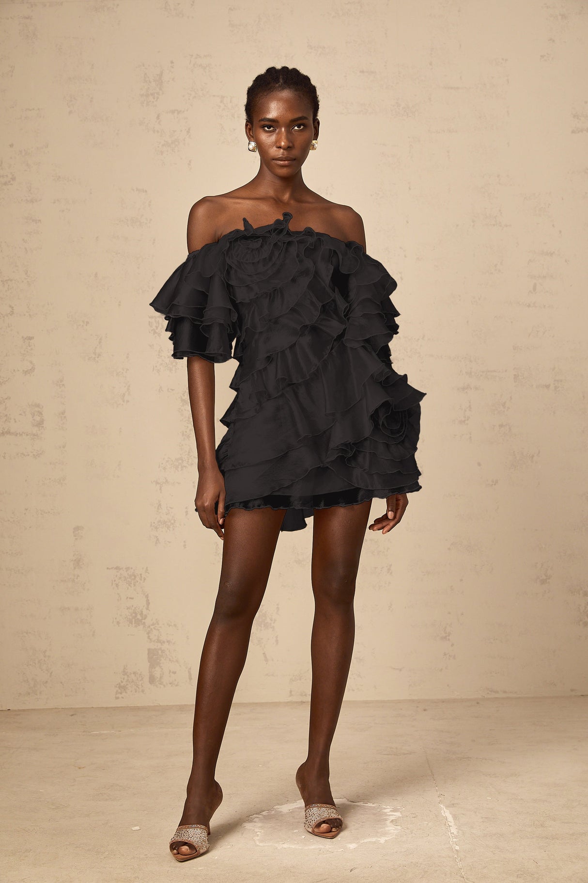 Aurohaya Cerise asymmetrical flounce mini dress in Black