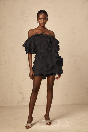 Aurohaya Cerise asymmetrical flounce mini dress in Black