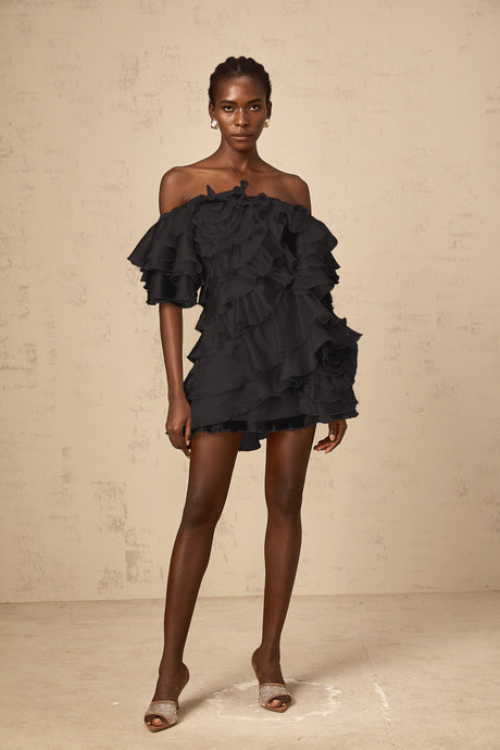 Aurohaya Cerise asymmetrical flounce mini dress in Black
