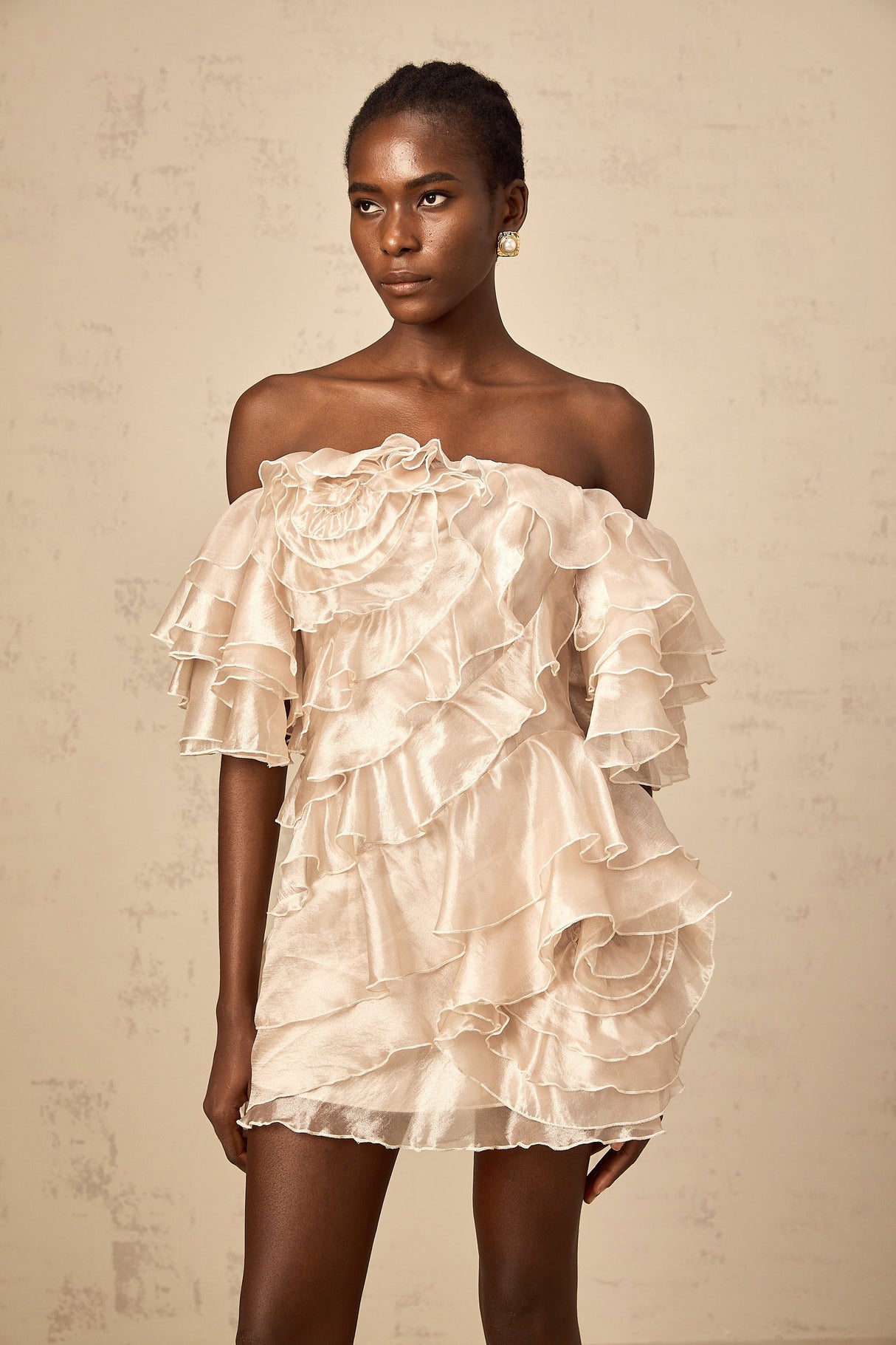 Aurohaya Cerise asymmetrical flounce mini dress in Neutrals