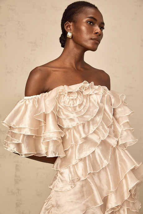 Aurohaya Cerise asymmetrical flounce mini dress in Neutrals