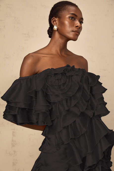 Aurohaya Cerise asymmetrical flounce mini dress in Black