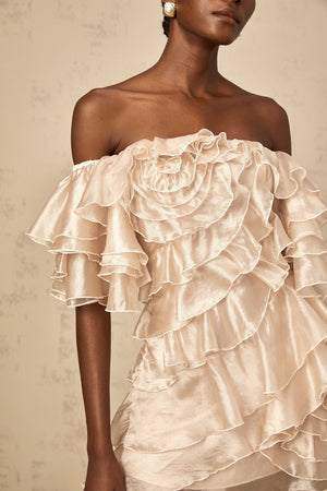Aurohaya Cerise asymmetrical flounce mini dress in Neutrals