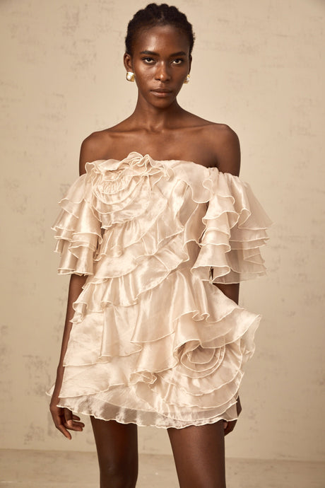 Aurohaya Cerise asymmetrical flounce mini dress in Neutrals