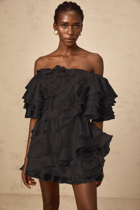 Aurohaya Cerise asymmetrical flounce mini dress in Black