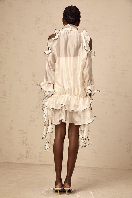 Aurohaya Tiphaine white ribbon-detail flounce mini dress