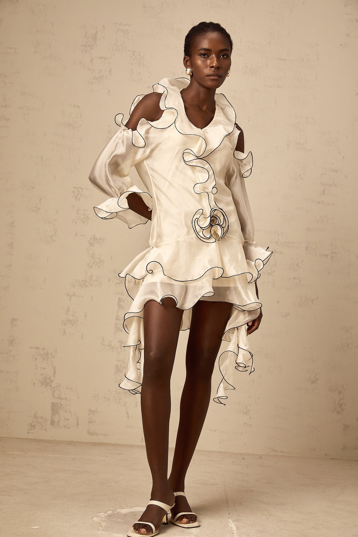 Aurohaya Tiphaine white ribbon-detail flounce mini dress