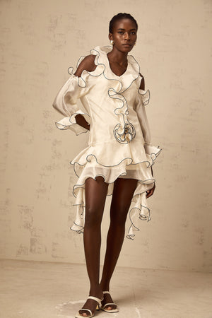 Aurohaya Tiphaine white ribbon-detail flounce mini dress