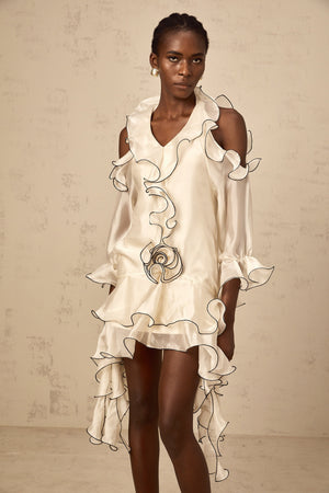 Aurohaya Tiphaine white ribbon-detail flounce mini dress
