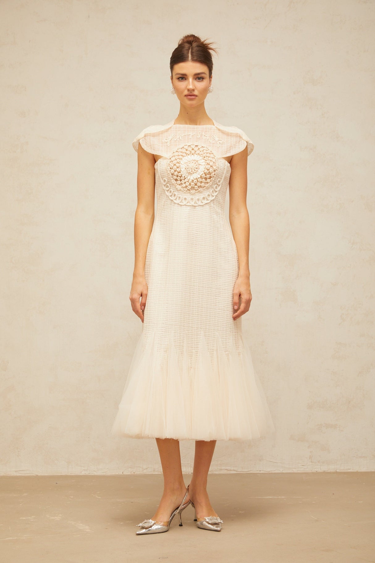 Aurohaya Bérengère white jacquard tulle-panel midi dress
