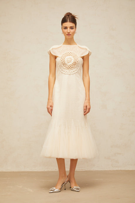 Aurohaya Bérengère white jacquard tulle-panel midi dress
