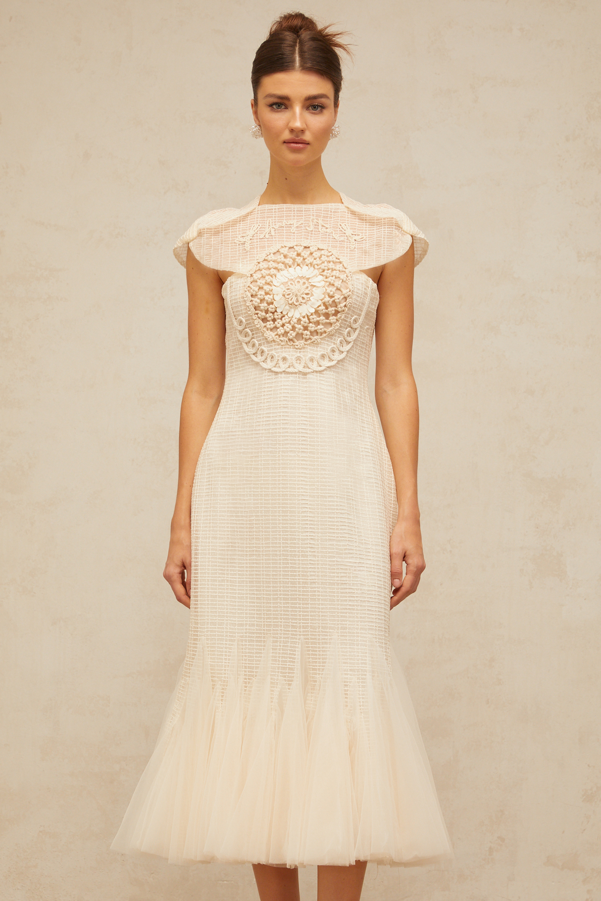 Aurohaya Bérengère white jacquard tulle-panel midi dress