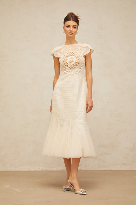 Aurohaya Bérengère white jacquard tulle-panel midi dress