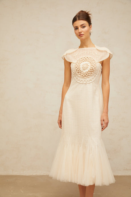 Aurohaya Bérengère white jacquard tulle-panel midi dress