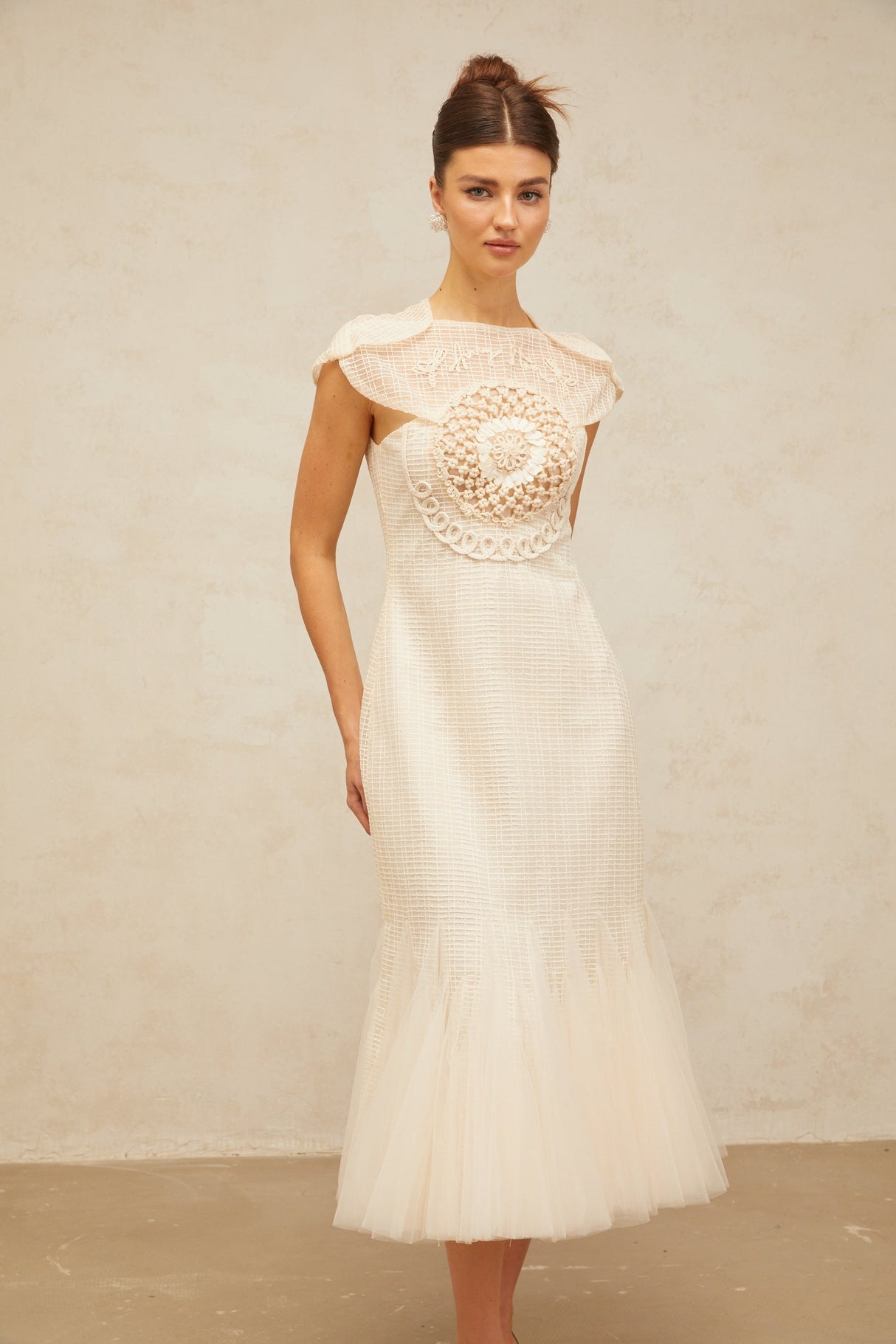 Aurohaya Bérengère white jacquard tulle-panel midi dress