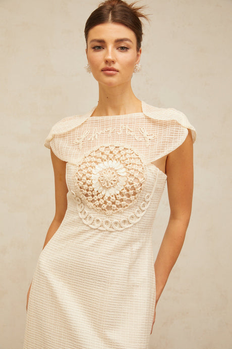 Aurohaya Bérengère white jacquard tulle-panel midi dress