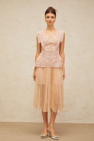 Aurohaya Céleste floral-lace-panelling tulle midi dress in Pink