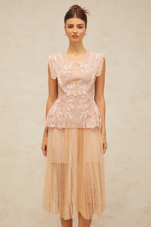 Aurohaya Céleste floral-lace-panelling tulle midi dress in Pink