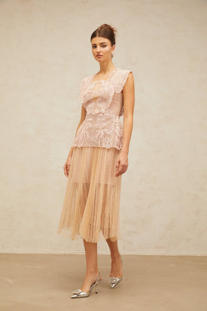 Aurohaya Céleste floral-lace-panelling tulle midi dress in Pink