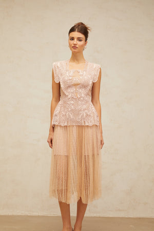 Aurohaya Céleste floral-lace-panelling tulle midi dress in Pink