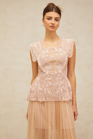Aurohaya Céleste floral-lace-panelling tulle midi dress in Pink