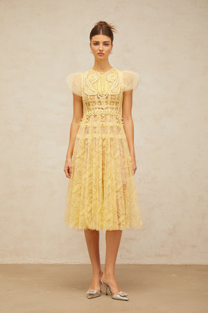 Aurohaya Véronique yellow embroidered-lace pleated midi dress