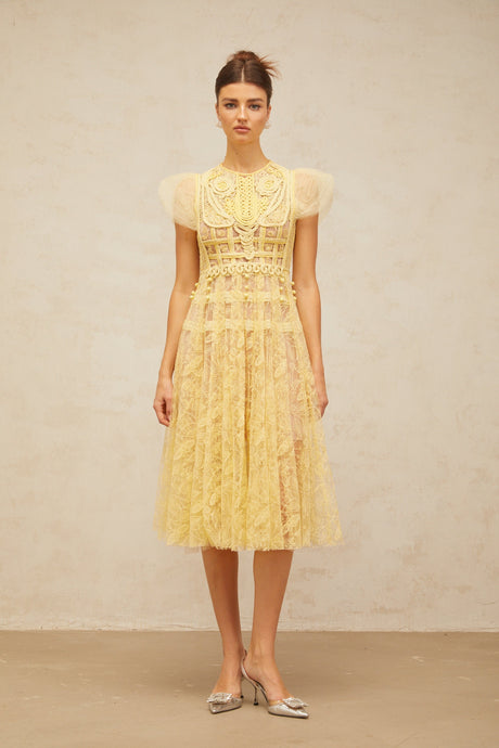 Aurohaya Véronique yellow embroidered-lace pleated midi dress