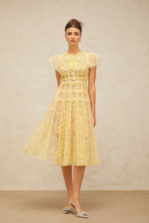 Aurohaya Véronique yellow embroidered-lace pleated midi dress