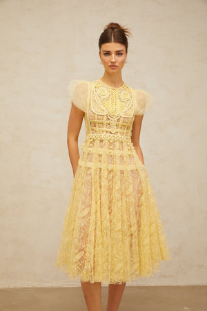 Aurohaya Véronique yellow embroidered-lace pleated midi dress