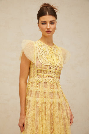 Aurohaya Véronique yellow embroidered-lace pleated midi dress