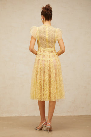 Aurohaya Véronique yellow embroidered-lace pleated midi dress