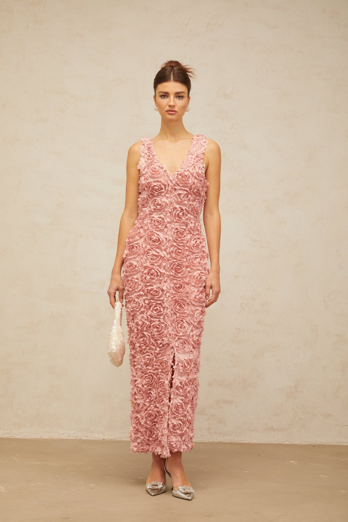 Aurohaya Sylvie faux-flower V-neck maxi dress in Pink
