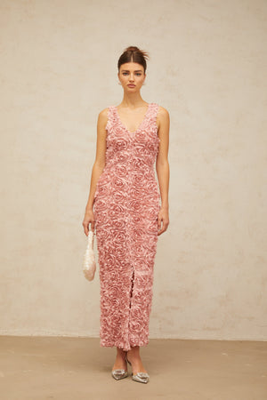 Aurohaya Sylvie faux-flower V-neck maxi dress in Pink