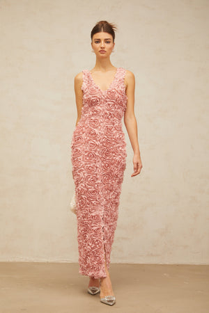 Aurohaya Sylvie faux-flower V-neck maxi dress in Pink