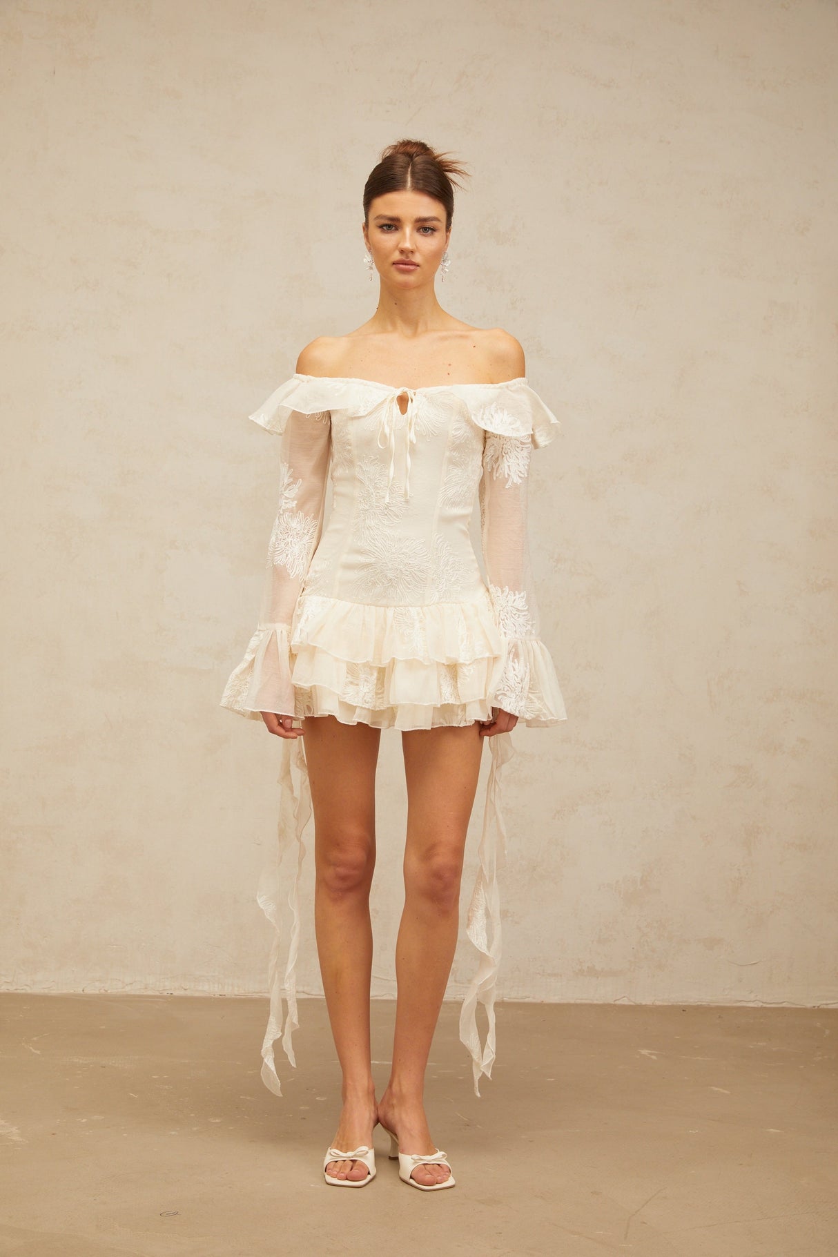 Aurohaya Désirée white off-shoulder embroidered mini dress