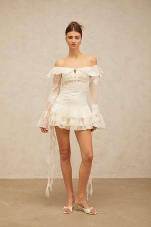 Aurohaya Désirée white off-shoulder embroidered mini dress