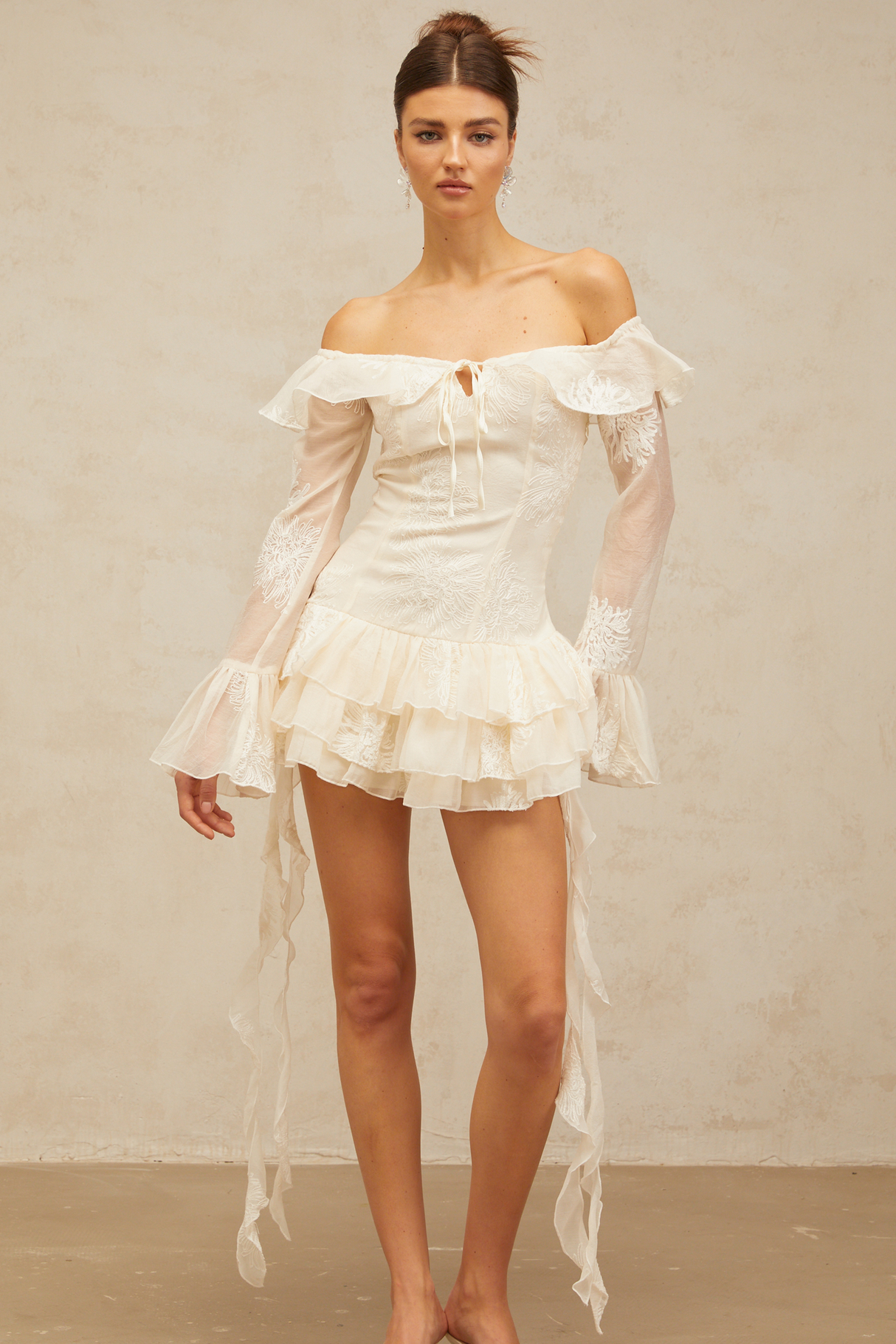 Aurohaya Désirée white off-shoulder embroidered mini dress