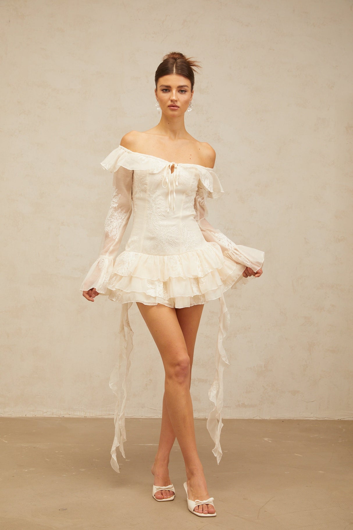 Aurohaya Désirée white off-shoulder embroidered mini dress